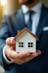 Poster - A businessman holding a scale model of a house, for presentation or discussion purposes