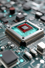 Poster - A computer chip is shown in a close up with a blue and red color scheme. The chip is surrounded by a green background, giving the impression of a futuristic and advanced technology