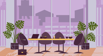 Poster - Cartoon Color Lunch Time in Evening Office Interior Inside Concept Flat Design Style. Vector illustration of Late Break