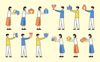 Poster - Cartoon Color Characters Man and Woman Needs Set Concept Flat Design Style with Elements Thin Line. Vector illustration