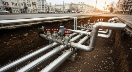 Underground pipeline of heating system with red valves and silver pipes on street, showing urban infrastructure.