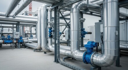 Industrial heating system with large silver pipes and blue valves on a concrete floor. Modern boiler room equipment for temperature control.