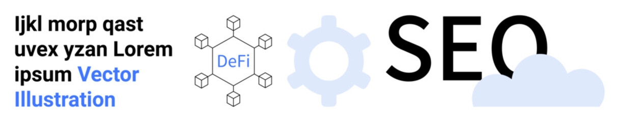 Poster - abstract design featuring seo text, network diagram symbolizing defi, a gear icon, and a cloud. idea