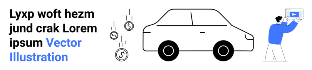 Poster - man holding a screen, car in focus, and coins falling to convey transportation, savings, finance. id