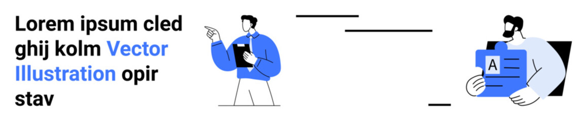Poster - two individuals engaged in work dialogue. one points with a clipboard, while the other holds a docum
