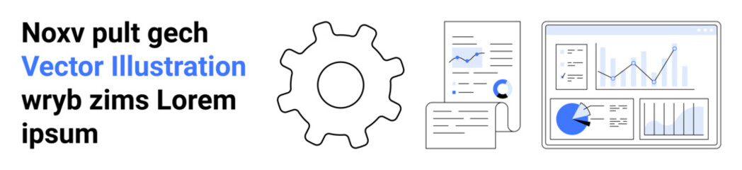 Poster - gear, documents, charts, and graphs to represent teamwork, analytics, settings, efficiency, and repo