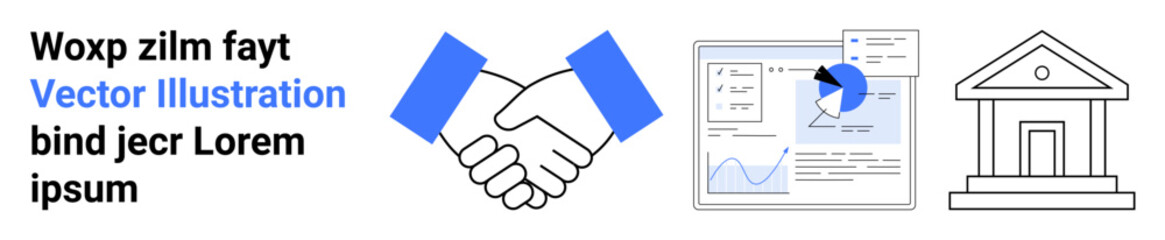 Poster - handshake symbolizing partnership, data analytics dashboard with charts, and bank building outline. 