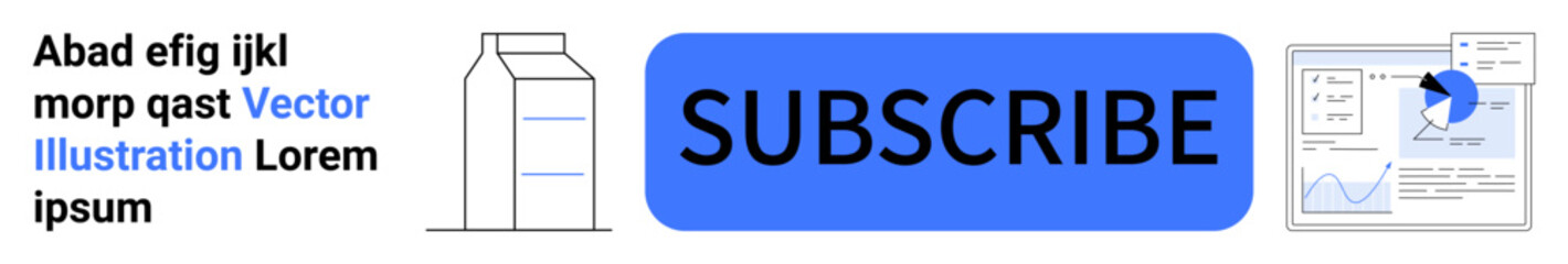 Poster - blue subscription button alongside milk carton outline, placeholder text, and chart interface. ideal