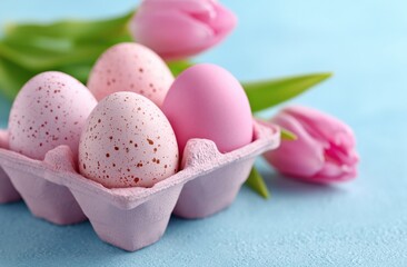Wall Mural - easter eggs and pink tulips
