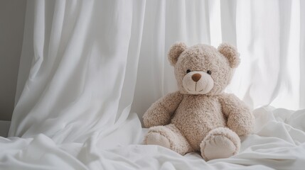 Charming Brown Teddy Bear Sitting on a Soft White Background, Perfect for Toy Lovers and Kids