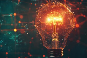 Poster - Innovative business concept illustrated by a glowing light bulb on a blockchain backdrop emphasizing creativity and technology integration