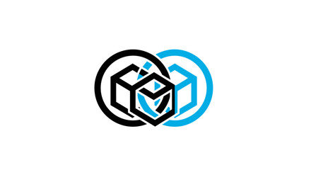 Poster - Interlocking cubes within black and blue oval shapes creating a complex visual design element here now