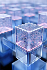 Fototapete - A blue cube with pink and purple lights inside. The cube is surrounded by other cubes, creating a futuristic and technological atmosphere