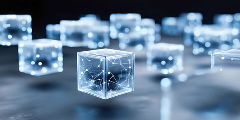 Fototapete - A series of blue cubes are floating in the air. The cubes are connected to each other by a network of lines. Concept of technology and interconnectedness