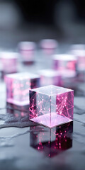 Fototapete - A group of pink cubes are arranged on a black surface. The cubes are all different sizes and are arranged in a way that creates a sense of depth and dimension. Scene is one of creativity