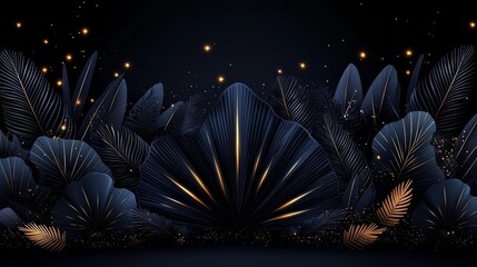 Poster - Black and gold leafy forest with a large leafy plant in the foreground. The leaves are illuminated by a light source, creating a warm and inviting atmosphere