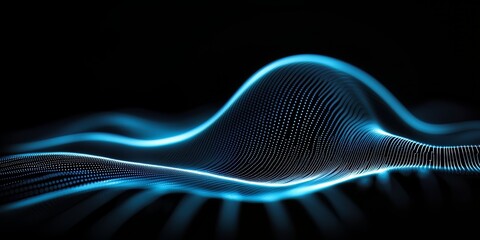 Poster - Blue wave with a black background. The wave is made up of many small dots. The image has a futuristic and abstract feel to it