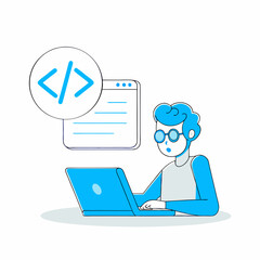 illustration of a programmer working on a laptop with code symbols near