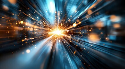 Poster - Bright light with a blue background and orange streaks. The light is surrounded by a lot of small dots
