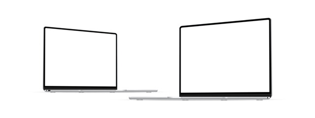 Fototapete - Two Modern Silver Laptops Mockups, Blank Screens, Side Perspective View, Isolated On White Background. Vector Illustration