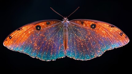 Poster - Butterfly with a blue and orange wing is shown in a black background. The butterfly is surrounded by a glowing light, giving it a surreal and ethereal appearance. Concept of wonder and beauty