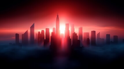 Aufkleber - City skyline with a red sun in the background. The sun is setting and the sky is filled with smoke