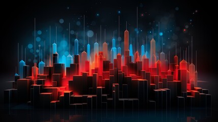 Poster - Cityscape with buildings in red, blue, and black. The city is lit up with a blue and red glow