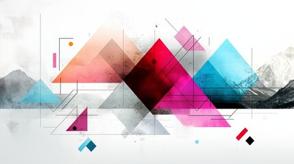 Aufkleber - Colorful abstract painting of mountains and triangles. The painting is full of different shapes and colors, creating a dynamic and energetic feel