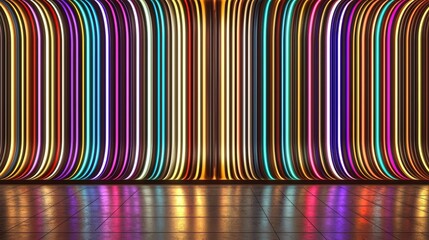 Leinwandbilder - Colorful wall with neon lights that is very bright and colorful. The wall is made of many different colors and is very long