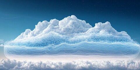 Fototapete - Ethereal cloudscape with digital network and flowing lines against a starry blue sky