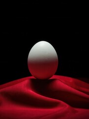Poster - Softly illuminated a pristine white egg balances on rich red fabric creating a striking contrast that enhances the minimalist composition evoking a sense of elegance and simplicity.