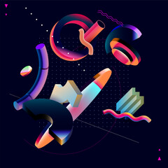 Wall Mural - abstract composition of iridescent 3d geometric shapes. fluid color, isometric design.