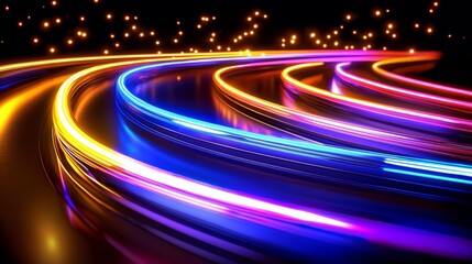 Leinwandbilder - Colorful, neon light display with a dark background. The lights are arranged in a way that they appear to be moving in a curved line. Scene is energetic and dynamic, with the bright colors