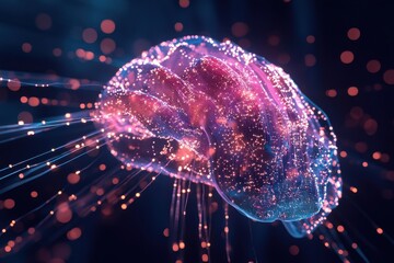 Poster - High speed wireless data transmission represented by a glowing digital brain with bright particles in a dark space