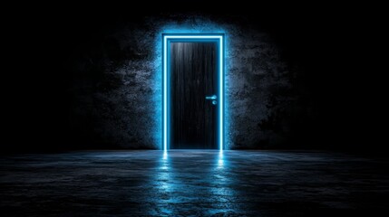 Aufkleber - Door with a blue light shining on it. The door is open and the light is glowing