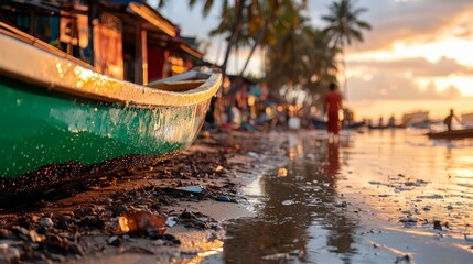 Aufkleber - Green boat is sitting in the water next to a beach. The water is murky and the beach is littered with trash
