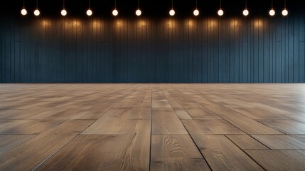 Fototapete - Large empty room with wooden floors and a black wall. The room is empty and has a minimalist feel to it