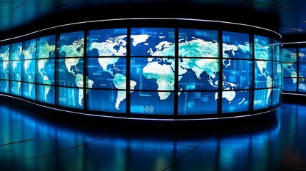 Aufkleber - Large screen with a blue background and a map of the world. The map is divided into sections and each section is labeled with a different country. The screen is lit up