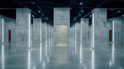 Fototapete - Large, empty room with a white door in the middle. The room is lit up with bright lights, giving it a sterile and cold atmosphere