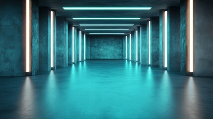 Leinwandbilder - Large, empty room with blue walls and neon lights. The room is empty and has a futuristic feel to it
