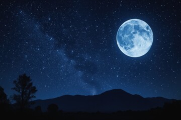 Wall Mural - mystical night sky panorama filled with twinkling stars a prominent luminous full blue moon casting 