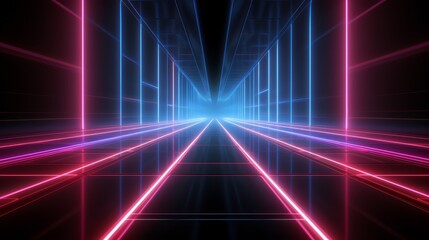 Fototapete - Long, dark hallway with neon lights and red and blue strips. The neon lights create a futuristic and futuristic atmosphere, making the hallway feel like a futuristic tunnel
