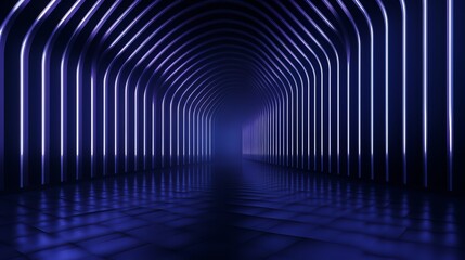 Aufkleber - Long, narrow room with blue walls and blue lights. The room is empty and has a very dark atmosphere