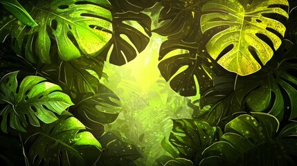 Poster - Lush green forest with a lot of leaves and vines. The image has a peaceful and calming mood, as it depicts a serene and natural environment