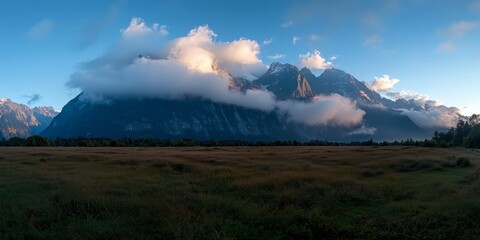Poster - Mountain range is visible in the distance with a cloudy sky. The sky is blue and the clouds are white