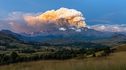Poster - Mountain range with a large cloud of smoke rising from the top. The sky is blue and the sun is setting