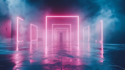 Aufkleber - Neon lighted room with a blue background and pink walls. The room is filled with neon lights and the atmosphere is bright and energetic