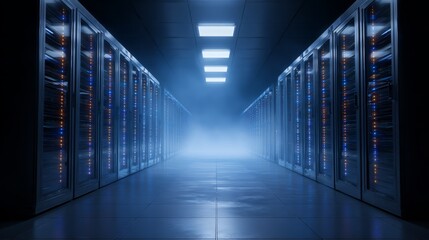 Poster - Image capture of a bustling data center corridor filled with rows of rack servers and supercomputers, complete with a vibrant internet visualization display