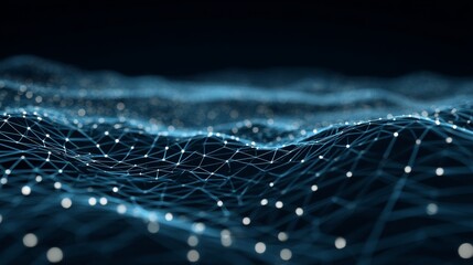 Poster - Illustration of data technology, featuring an abstract and futuristic background with a wave formed by connecting dots and lines on a dark backdrop, resembling a wave of particles