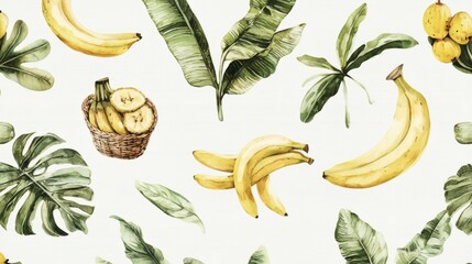 Poster - Painting of bananas and leaves with a basket of bananas in the middle. The painting has a tropical feel to it